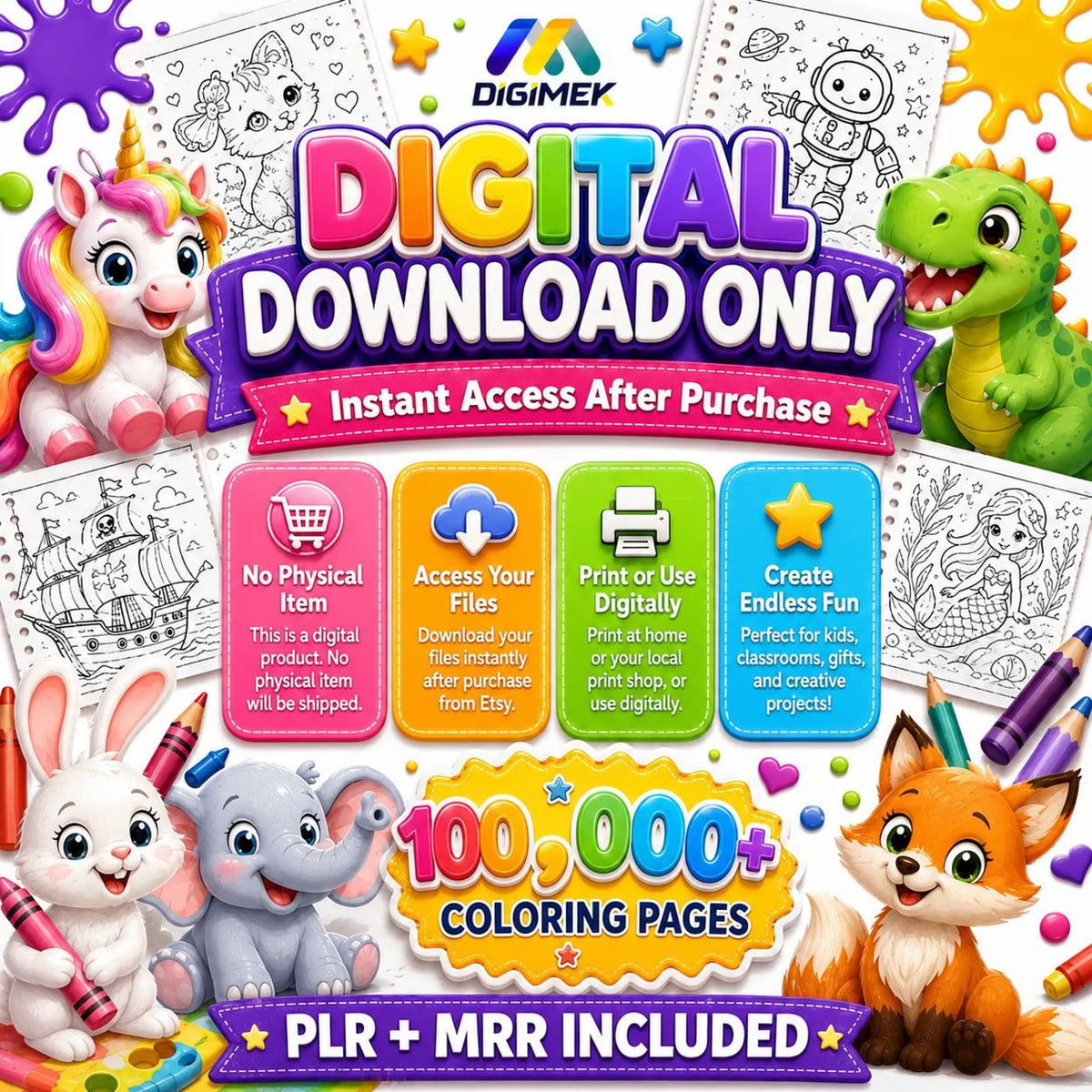 + 100,000 Kids Coloring Pages | Over 100 books for kids and adults, mega pack printable, instant download